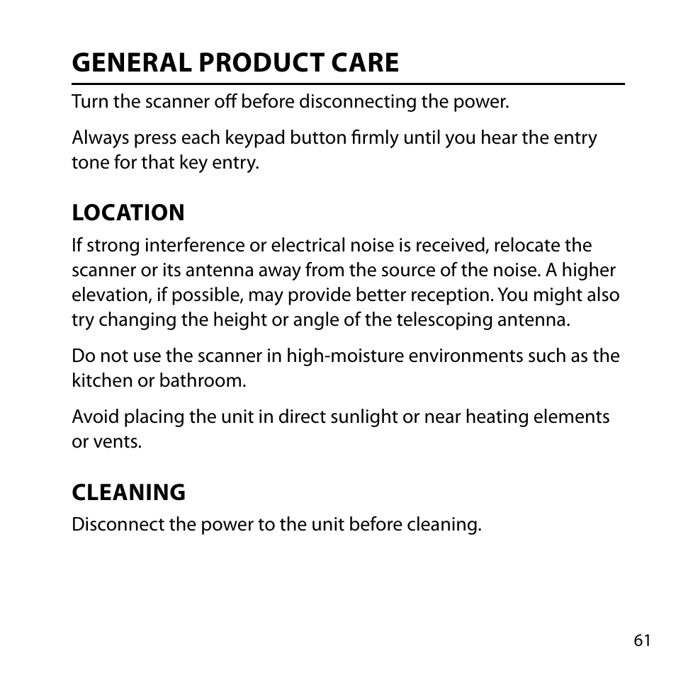 General product care, Location, Cleaning | Location cleaning | Uniden BC355C User Manual | Page 61 / 68