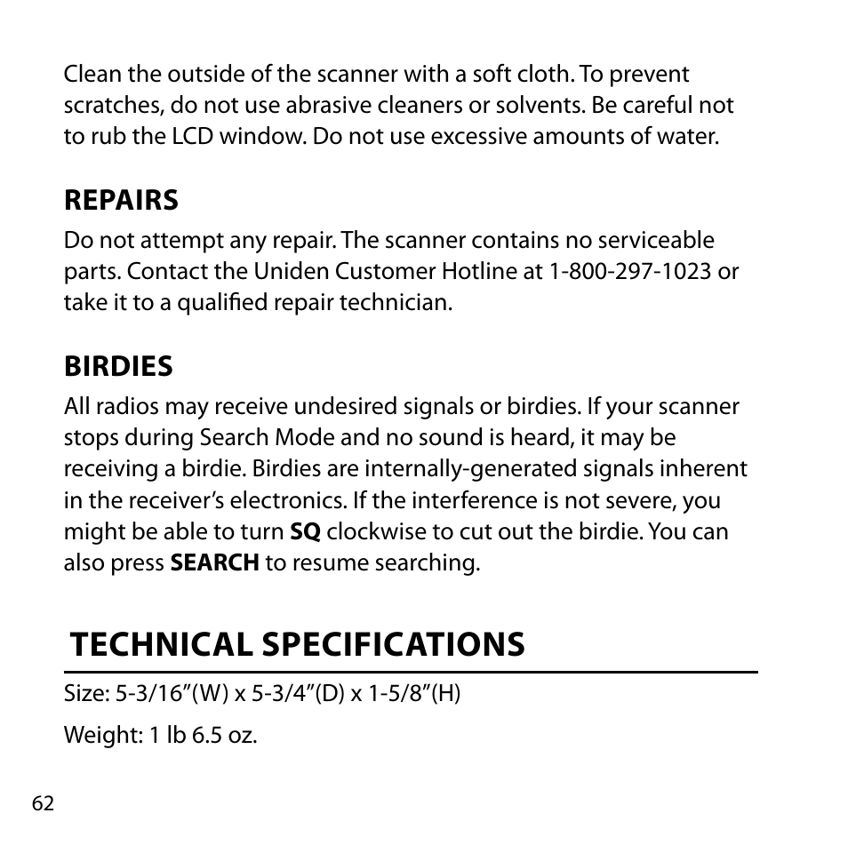 Repairs, Birdies, Technical specifications | Repairs birdies | Uniden BC355C User Manual | Page 62 / 68