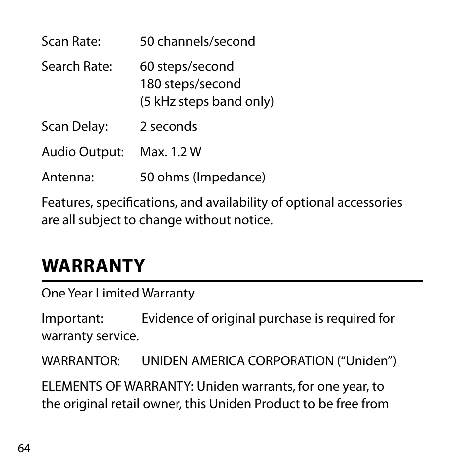 Warranty | Uniden BC355C User Manual | Page 64 / 68