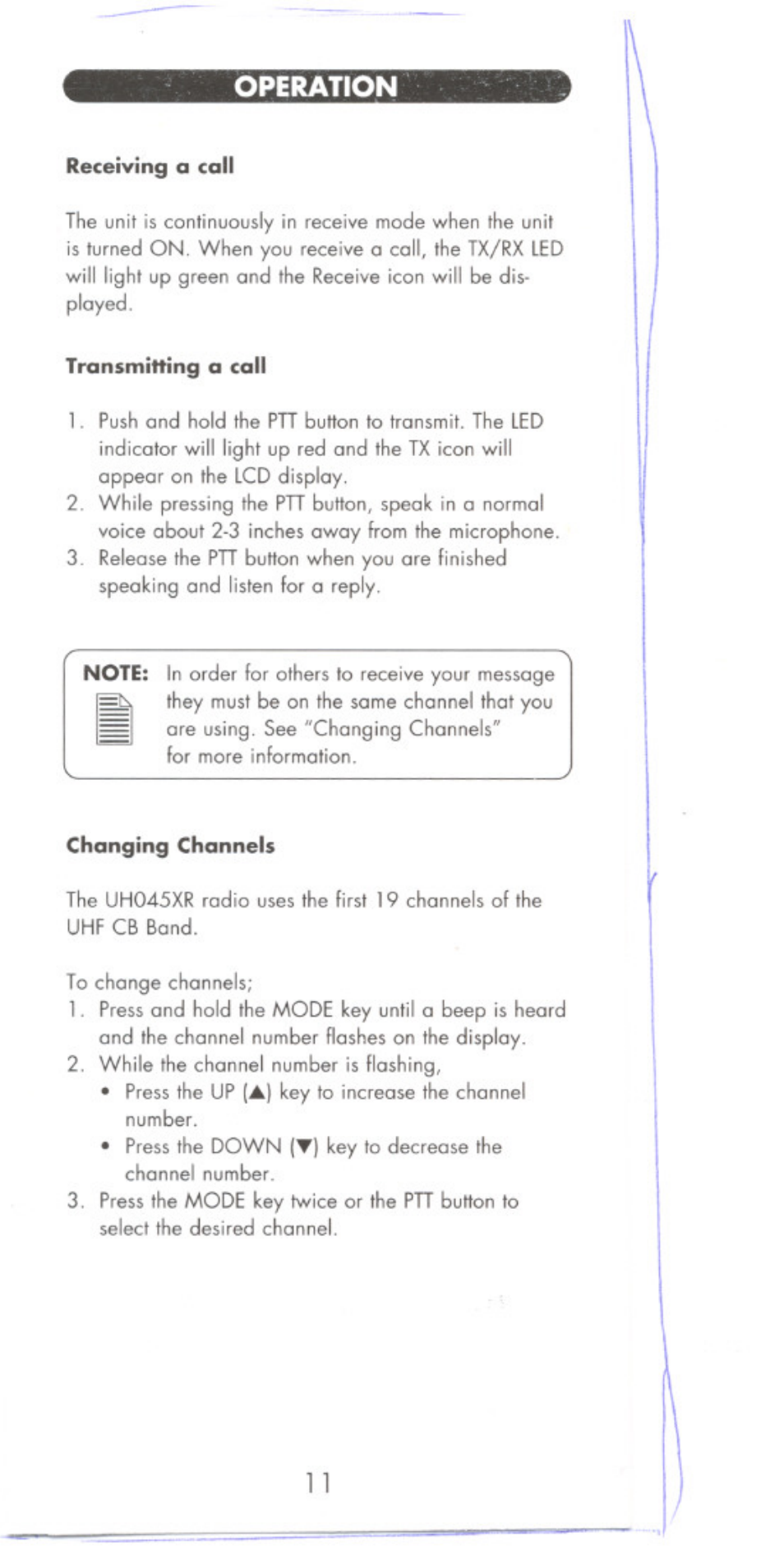 Operation | Uniden POCKET MAX UHO45XR User Manual | Page 11 / 20