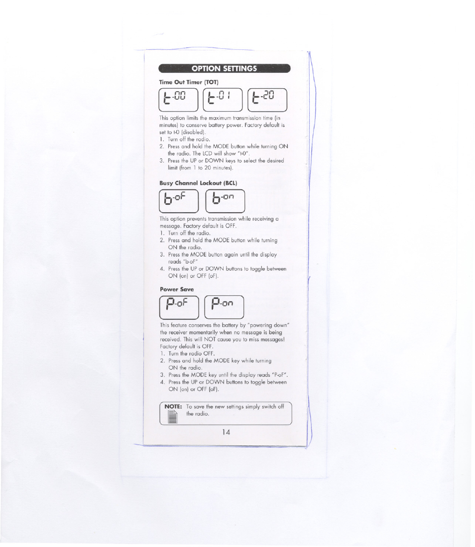 F p - o f ' p-on ’ ^_________ ->1, Option settings | Uniden POCKET MAX UHO45XR User Manual | Page 14 / 20