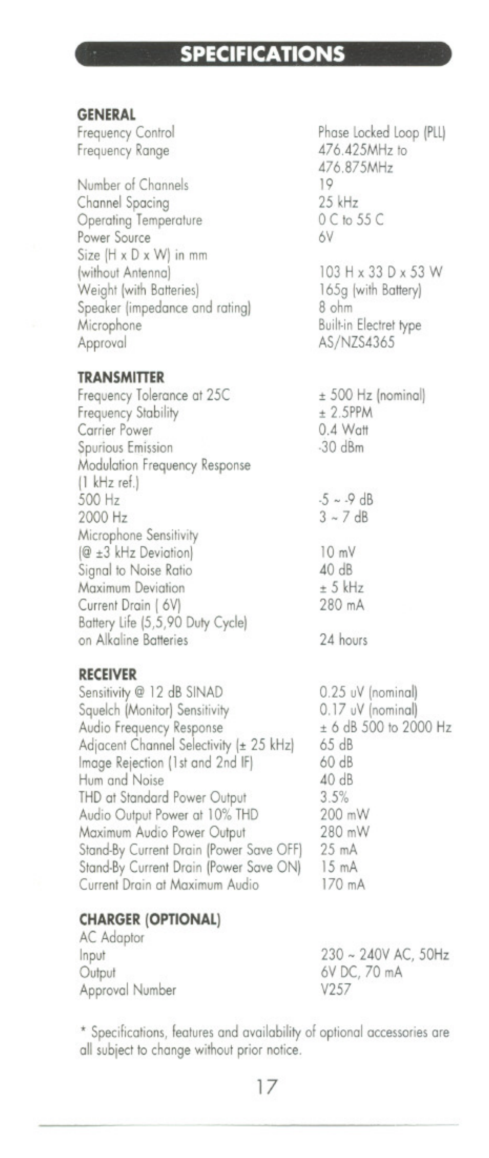 Spectfications | Uniden POCKET MAX UHO45XR User Manual | Page 17 / 20