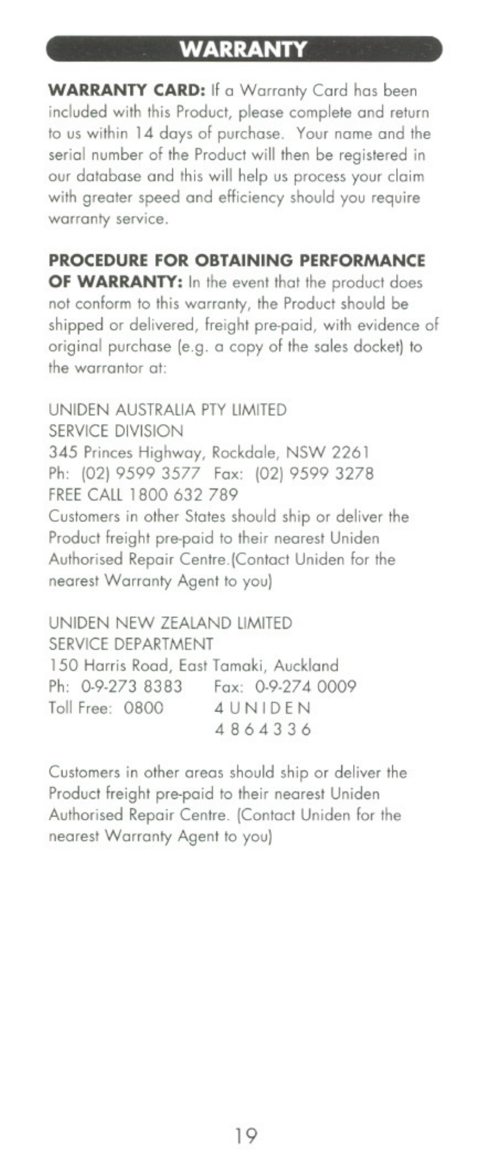 Warranty | Uniden POCKET MAX UHO45XR User Manual | Page 19 / 20