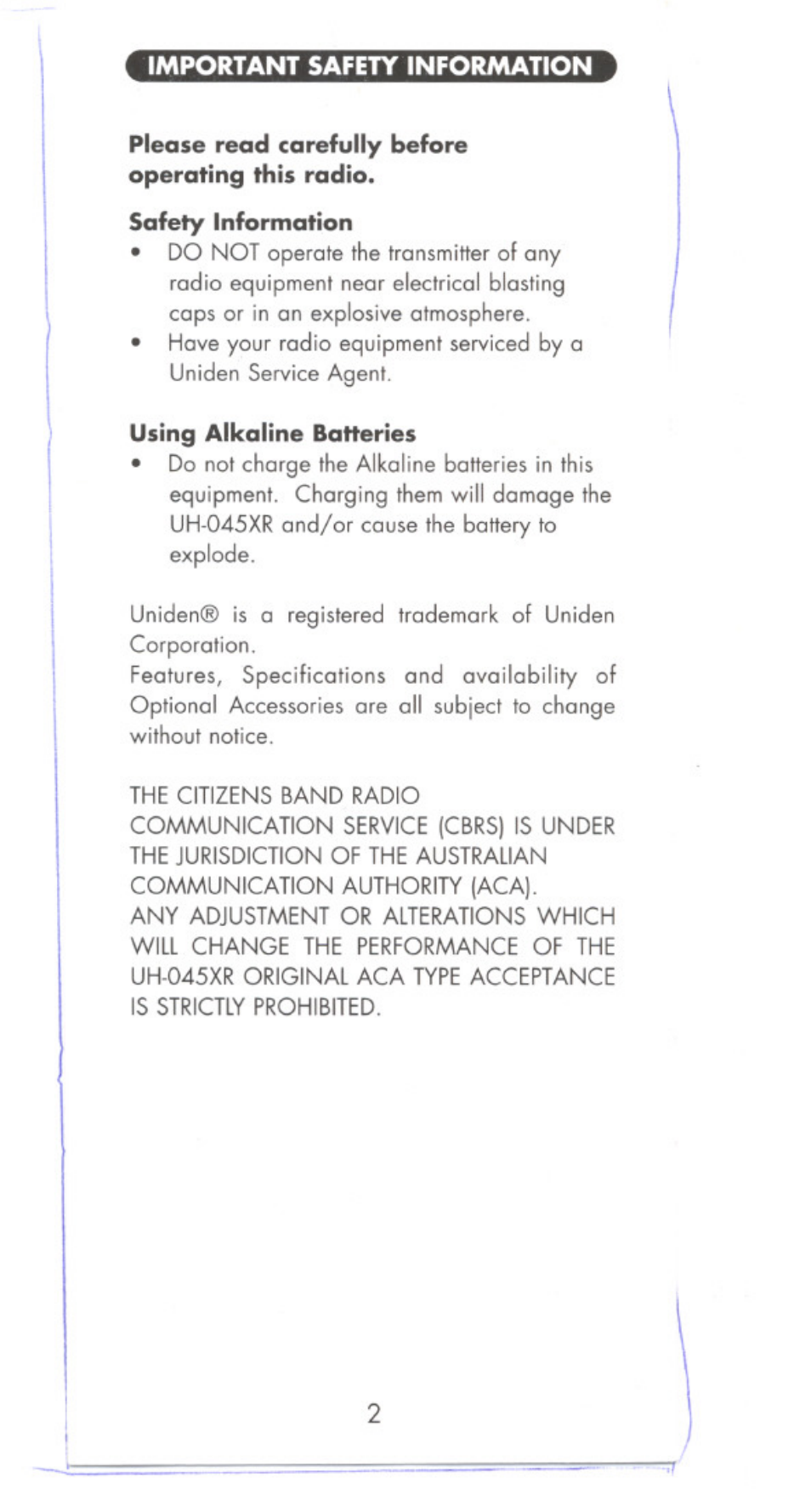 Important safety information | Uniden POCKET MAX UHO45XR User Manual | Page 2 / 20