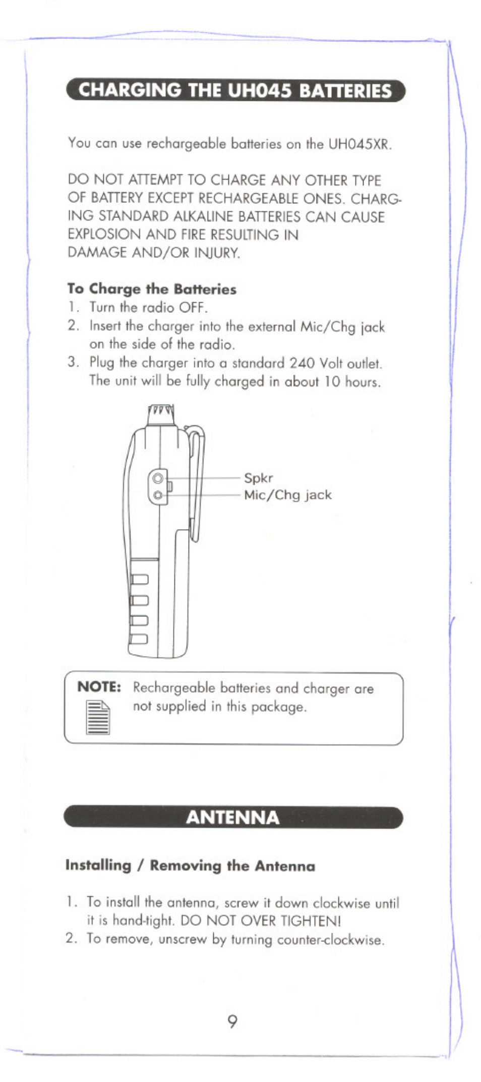 Charging the uh045 batteries, Antenna | Uniden POCKET MAX UHO45XR User Manual | Page 9 / 20