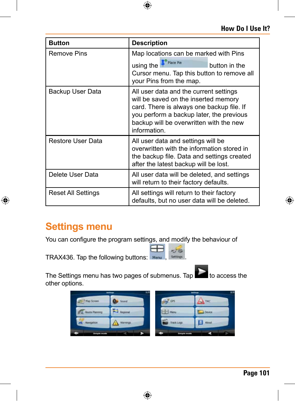 Settings menu | Uniden TRAX436 User Manual | Page 101 / 132