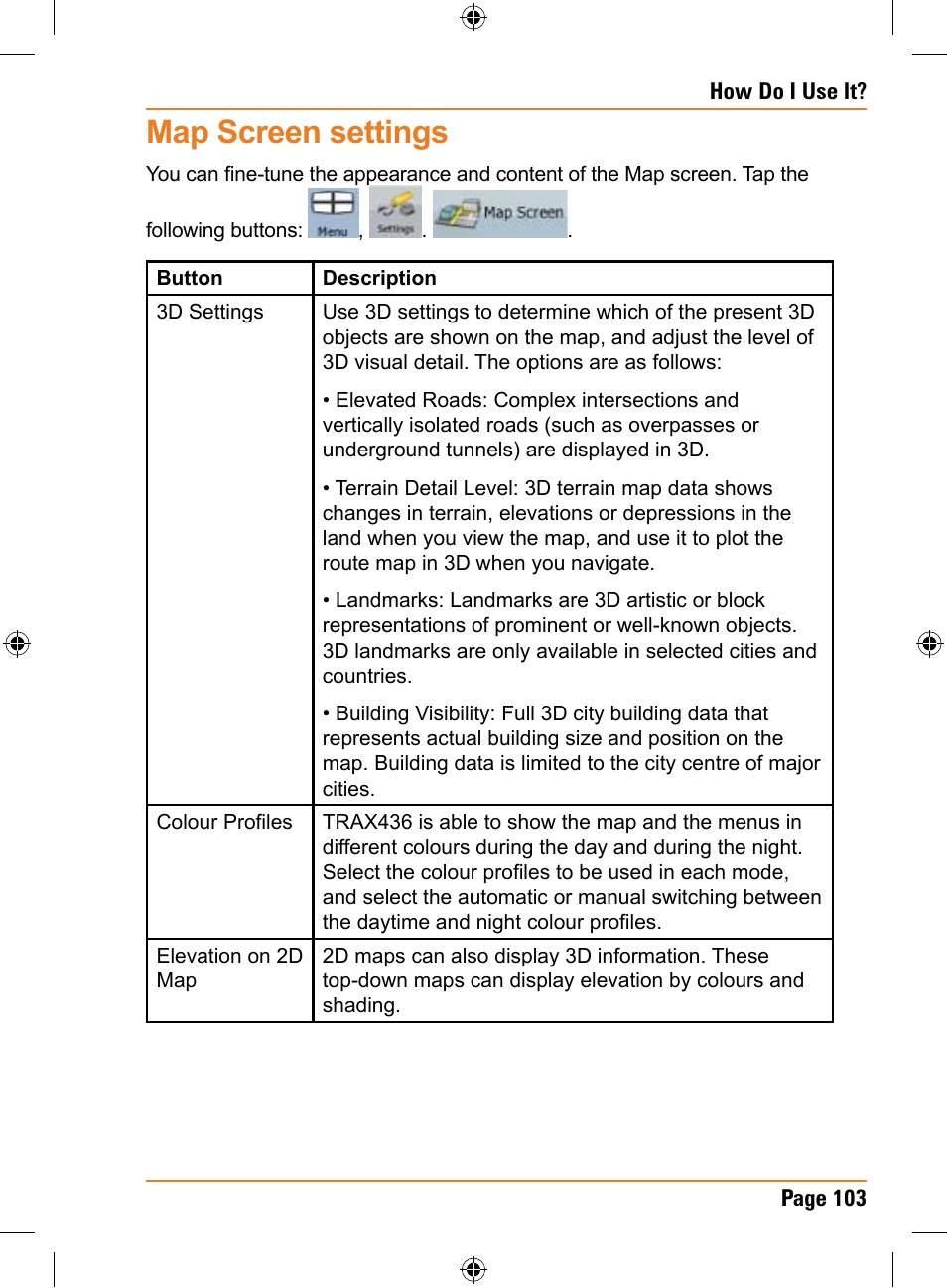 Map screen settings | Uniden TRAX436 User Manual | Page 103 / 132