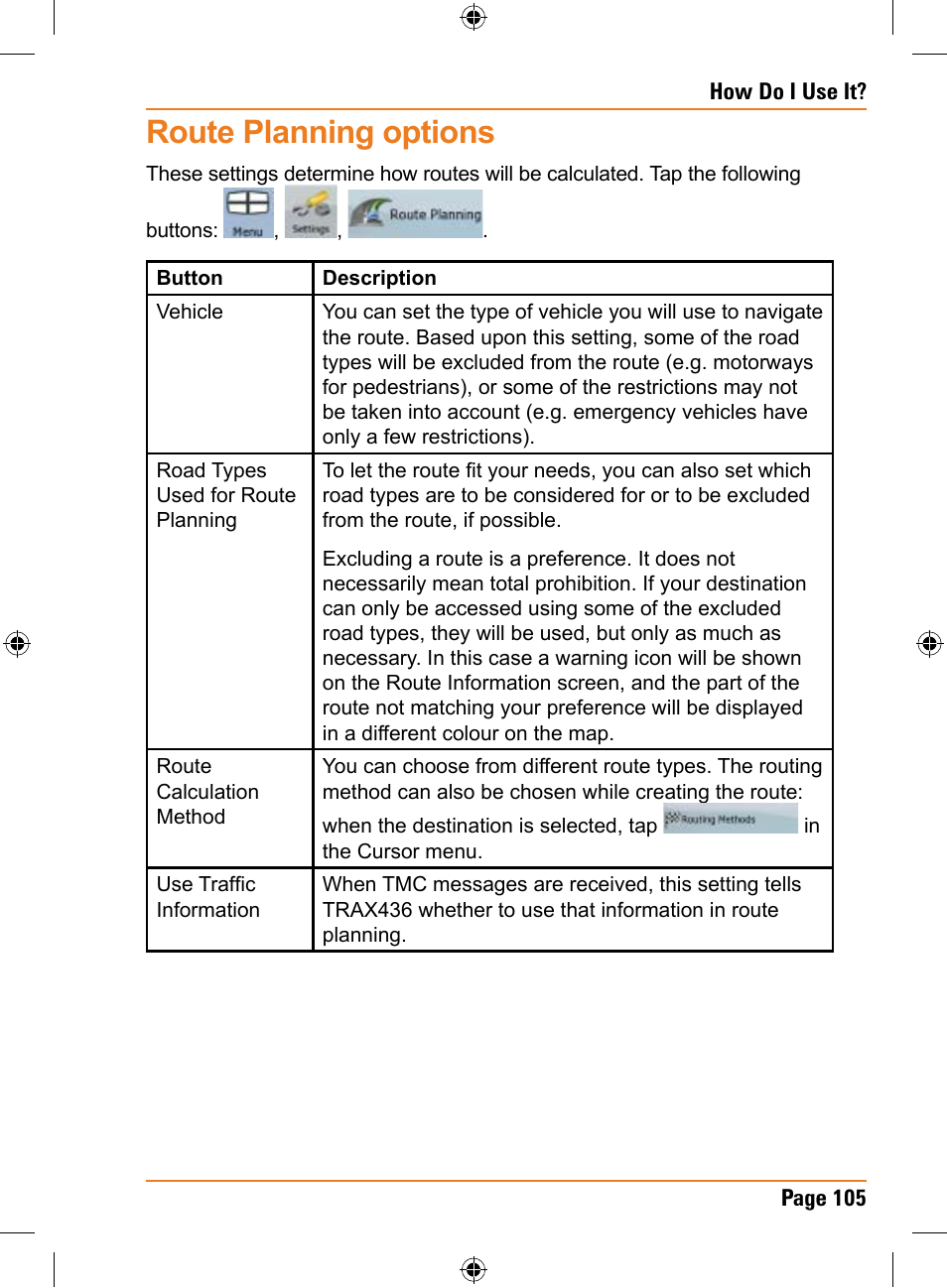 Route planning options | Uniden TRAX436 User Manual | Page 105 / 132