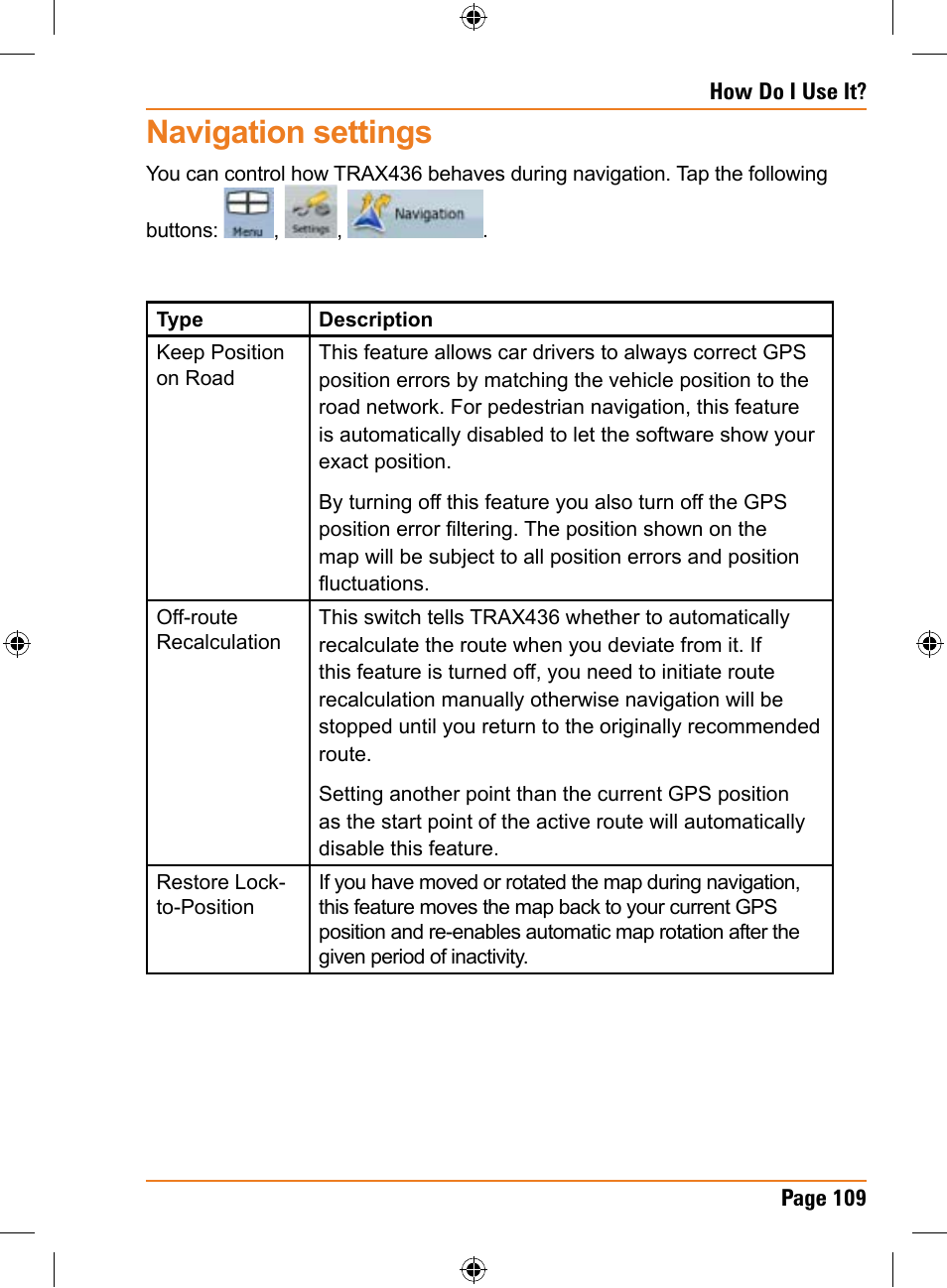 Navigation settings | Uniden TRAX436 User Manual | Page 109 / 132