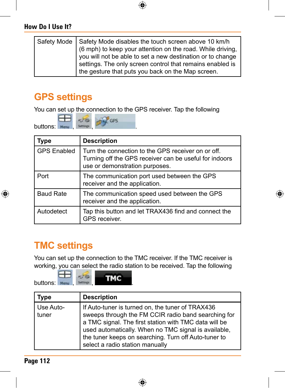 Gps settings, Tmc settings | Uniden TRAX436 User Manual | Page 112 / 132