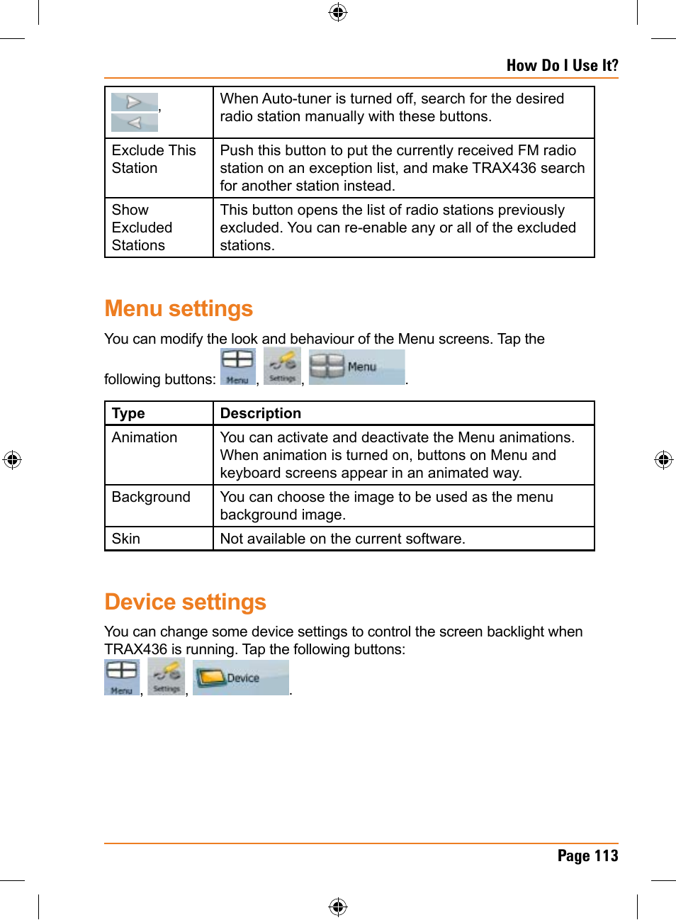 Menu settings, Device settings | Uniden TRAX436 User Manual | Page 113 / 132