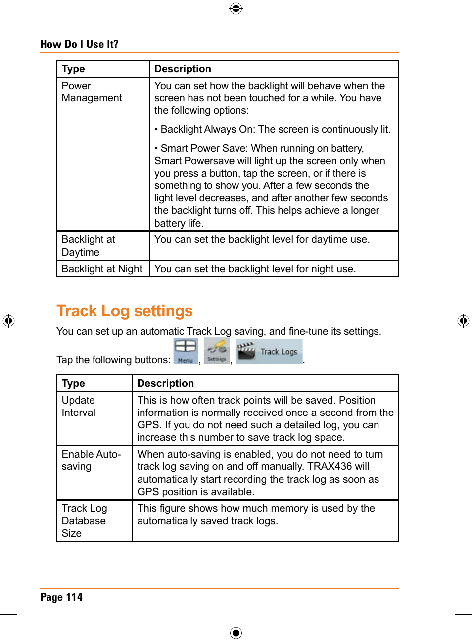 Track log settings | Uniden TRAX436 User Manual | Page 114 / 132