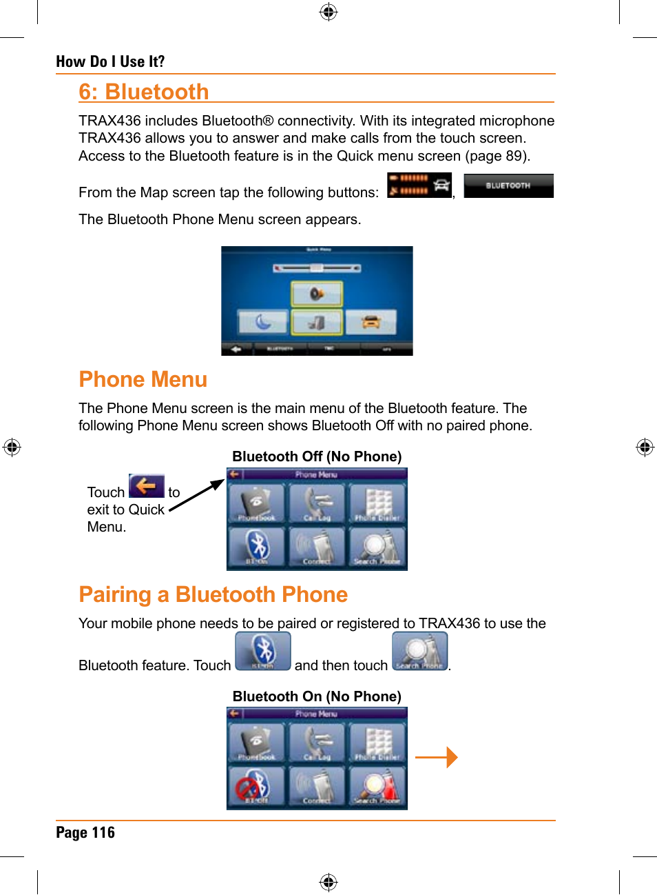 Bluetooth, Phone menu, Pairing a bluetooth phone | Uniden TRAX436 User Manual | Page 116 / 132