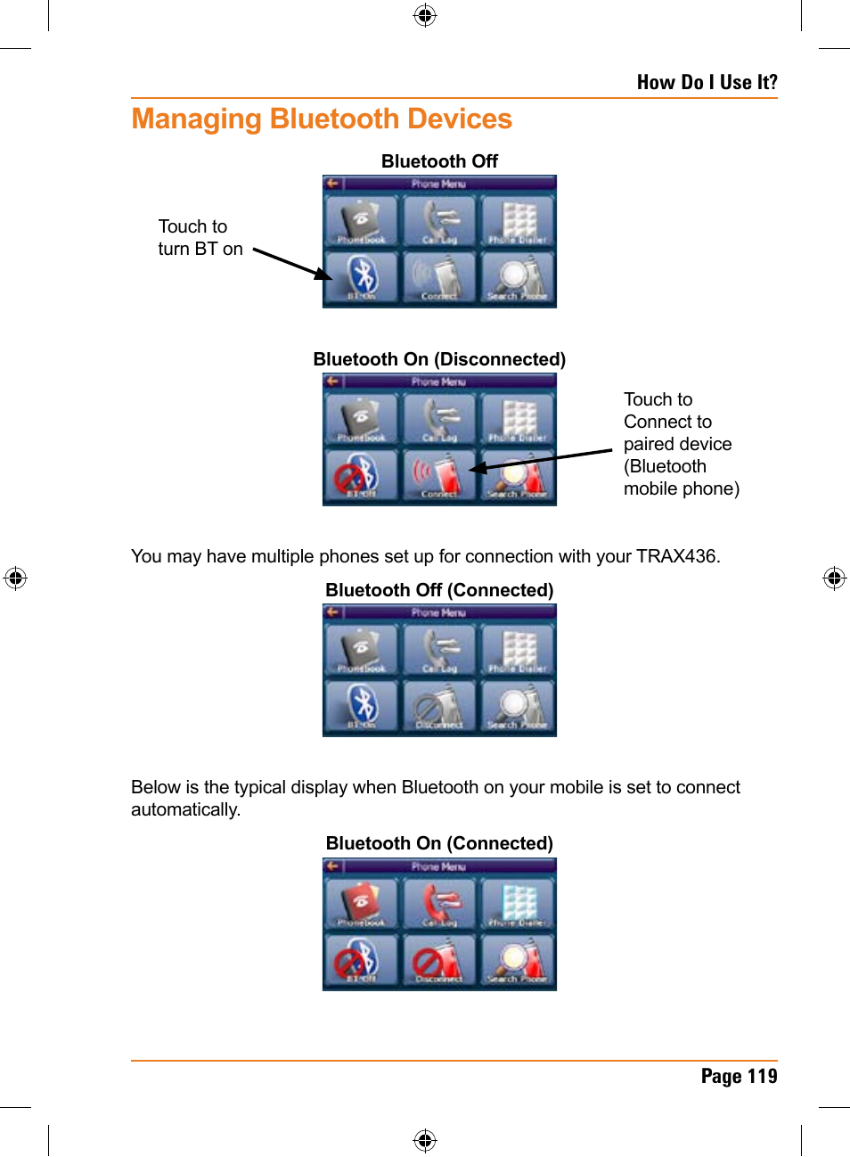 Managing bluetooth devices | Uniden TRAX436 User Manual | Page 119 / 132