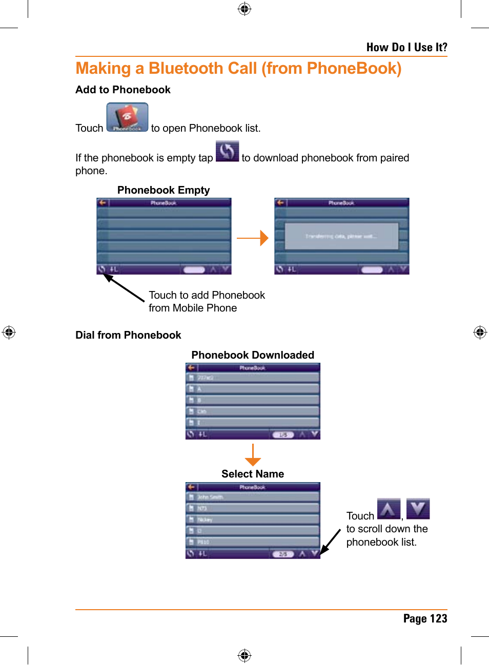 Making a bluetooth call (from phonebook) | Uniden TRAX436 User Manual | Page 123 / 132
