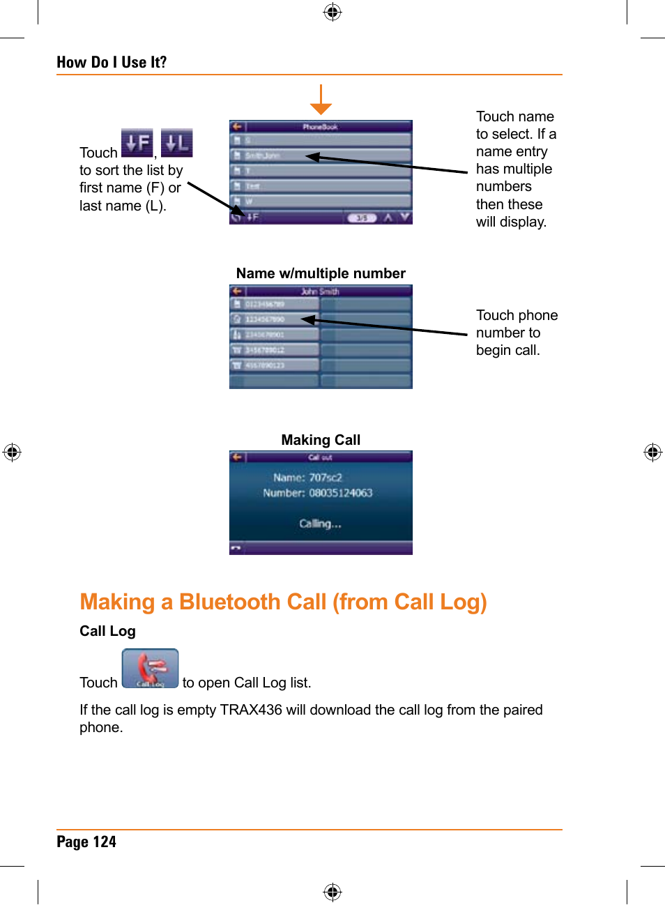 Making a bluetooth call (from call log) | Uniden TRAX436 User Manual | Page 124 / 132