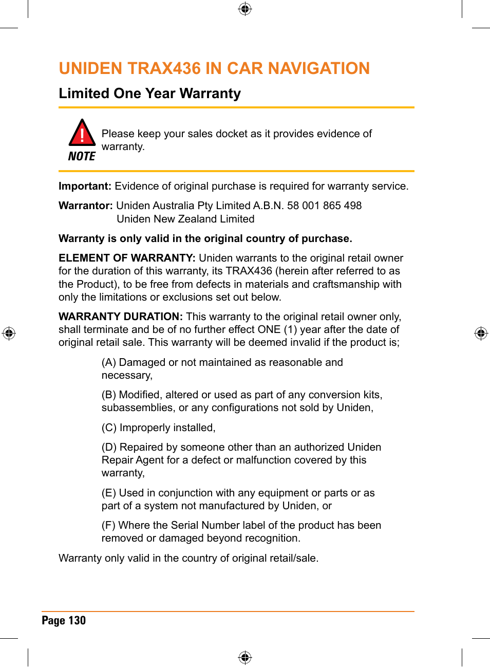Uniden trax436 in car navigation, Limited one year warranty | Uniden TRAX436 User Manual | Page 130 / 132
