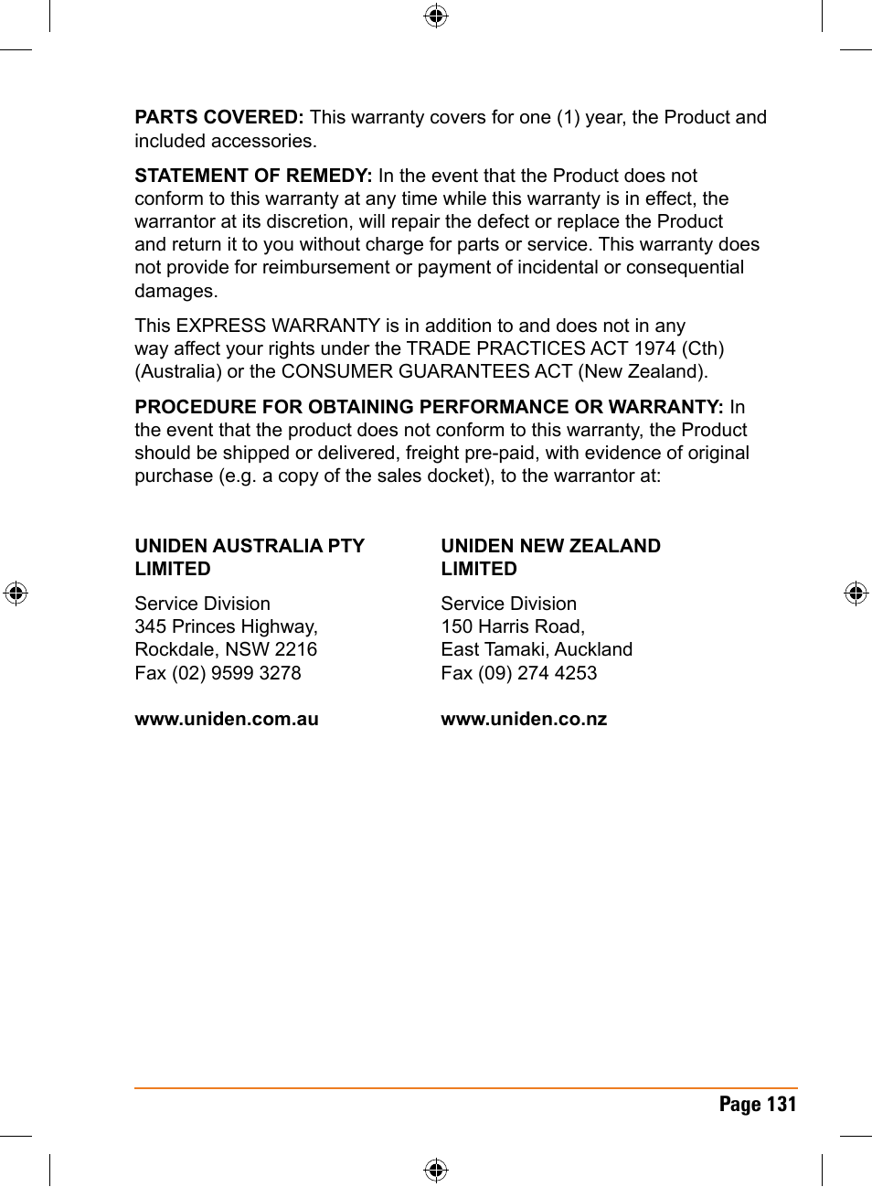 Uniden TRAX436 User Manual | Page 131 / 132