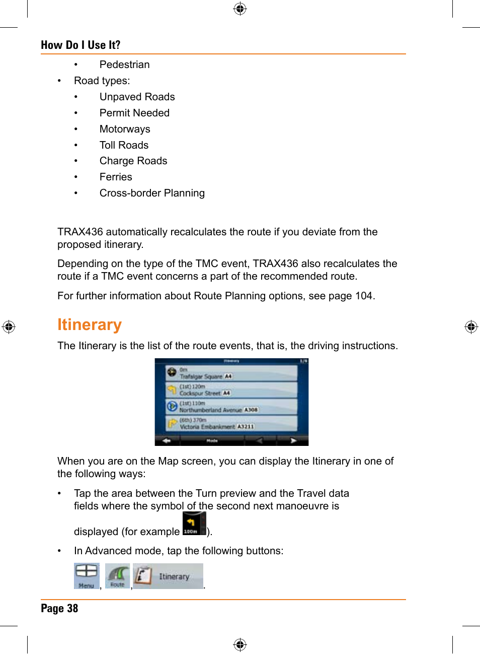 Itinerary | Uniden TRAX436 User Manual | Page 38 / 132