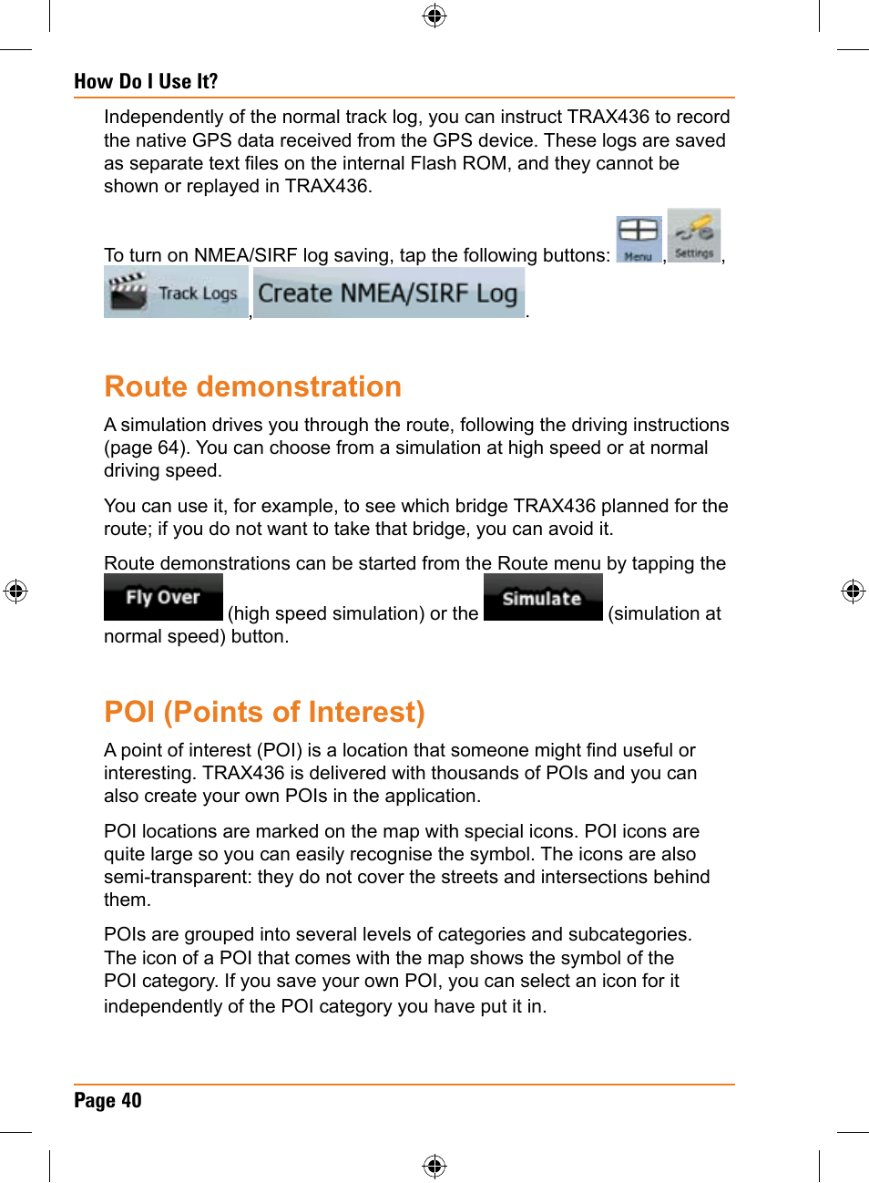 Route demonstration, Poi (points of interest) | Uniden TRAX436 User Manual | Page 40 / 132