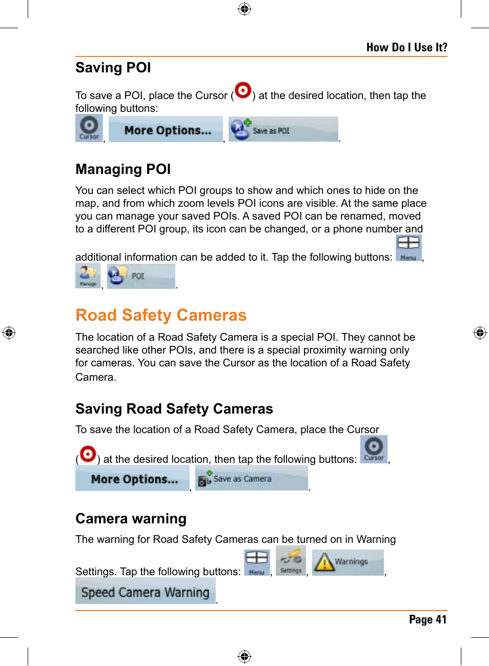 Road safety cameras, Saving poi, Managing poi | Saving road safety cameras, Camera warning | Uniden TRAX436 User Manual | Page 41 / 132