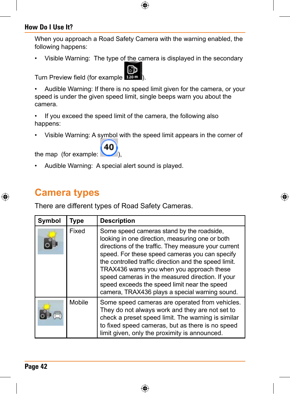 Camera types | Uniden TRAX436 User Manual | Page 42 / 132