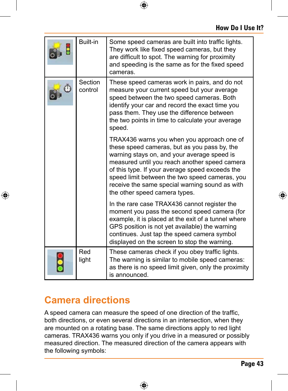 Camera directions | Uniden TRAX436 User Manual | Page 43 / 132