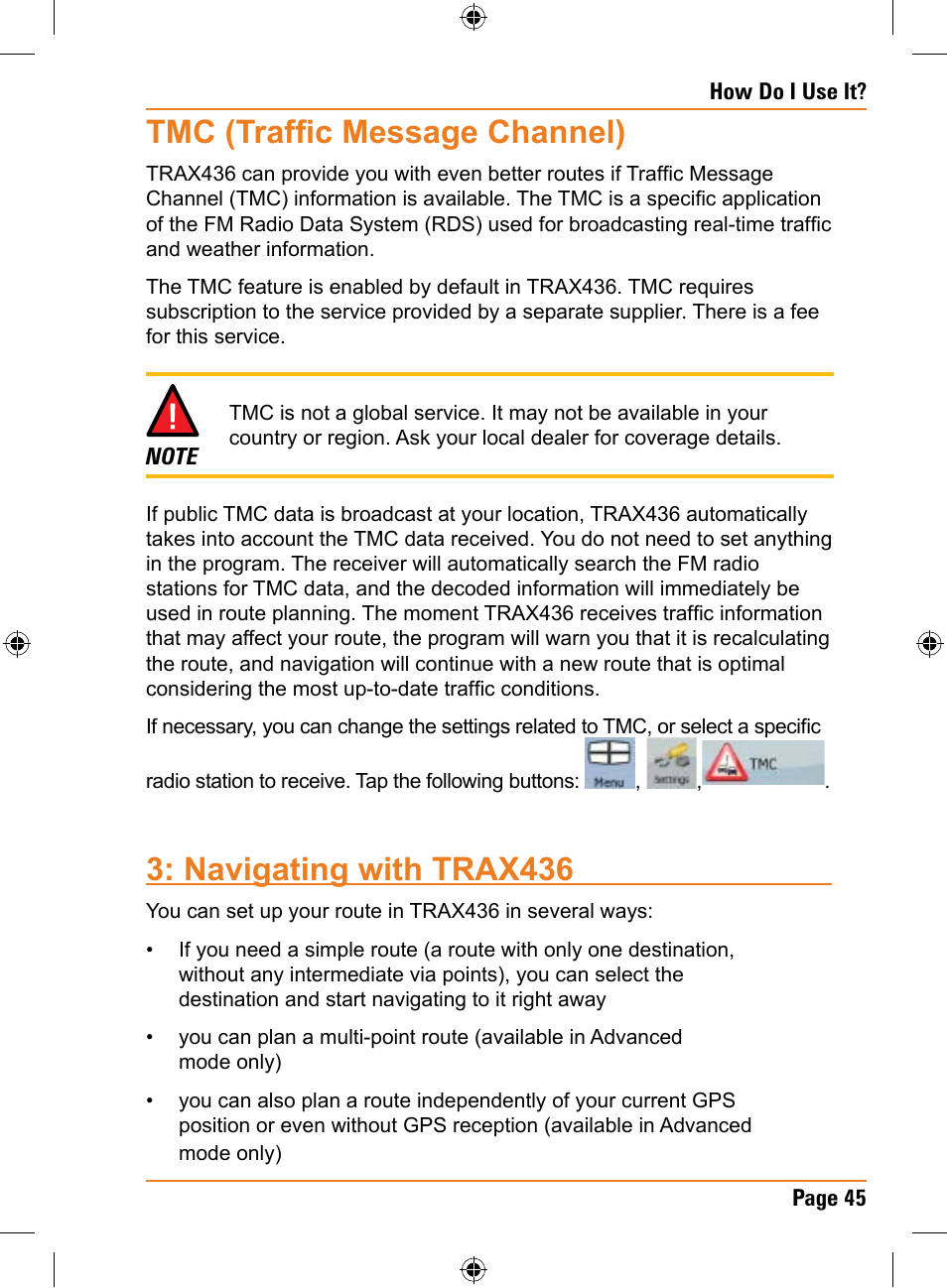 Tmc (traffic message channel), Navigating with trax436 | Uniden TRAX436 User Manual | Page 45 / 132