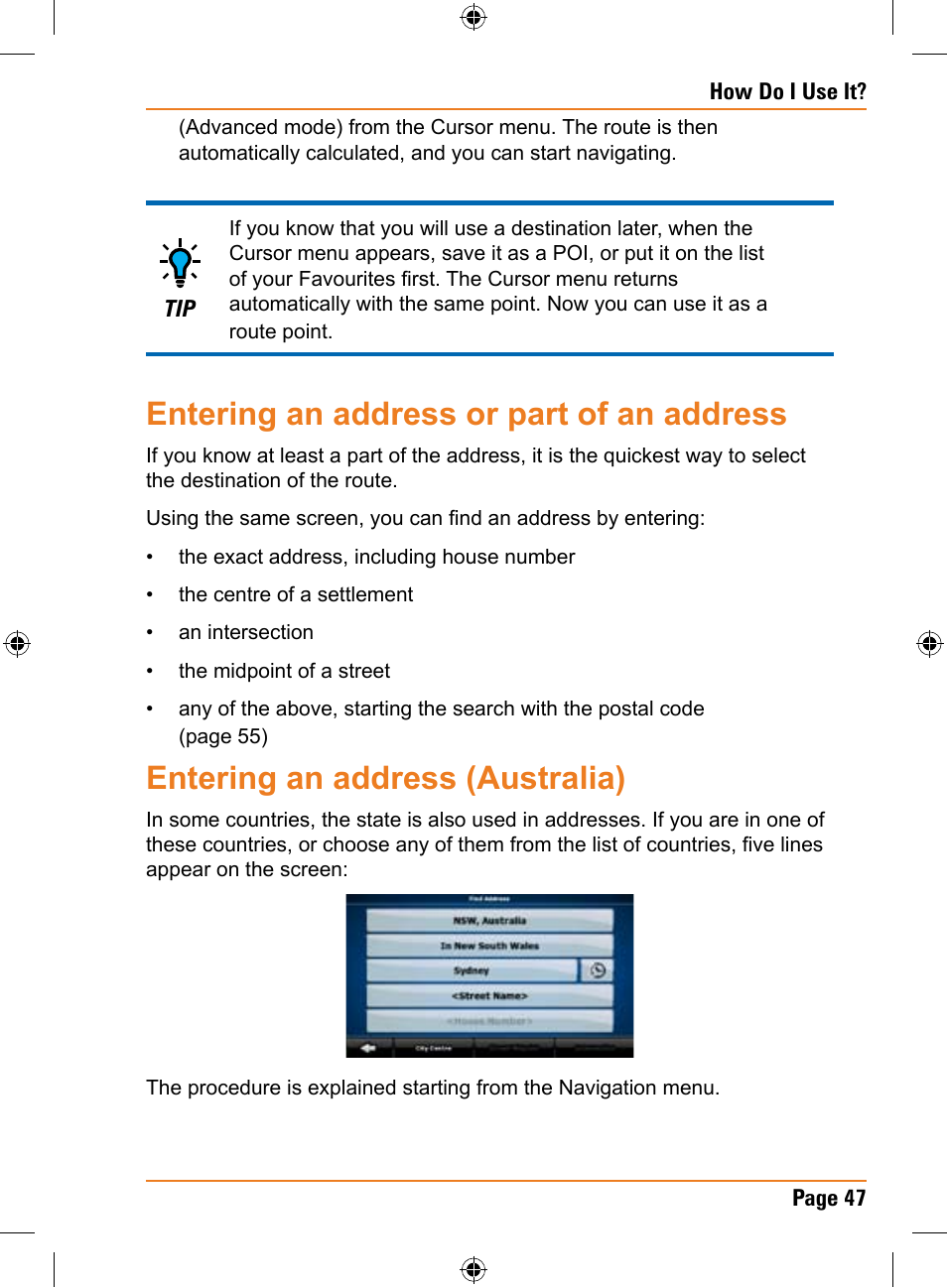 Entering an address or part of an address, Entering an address (australia) | Uniden TRAX436 User Manual | Page 47 / 132