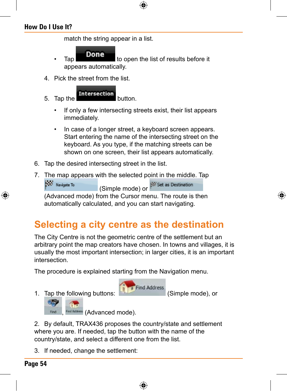 Selecting a city centre as the destination | Uniden TRAX436 User Manual | Page 54 / 132