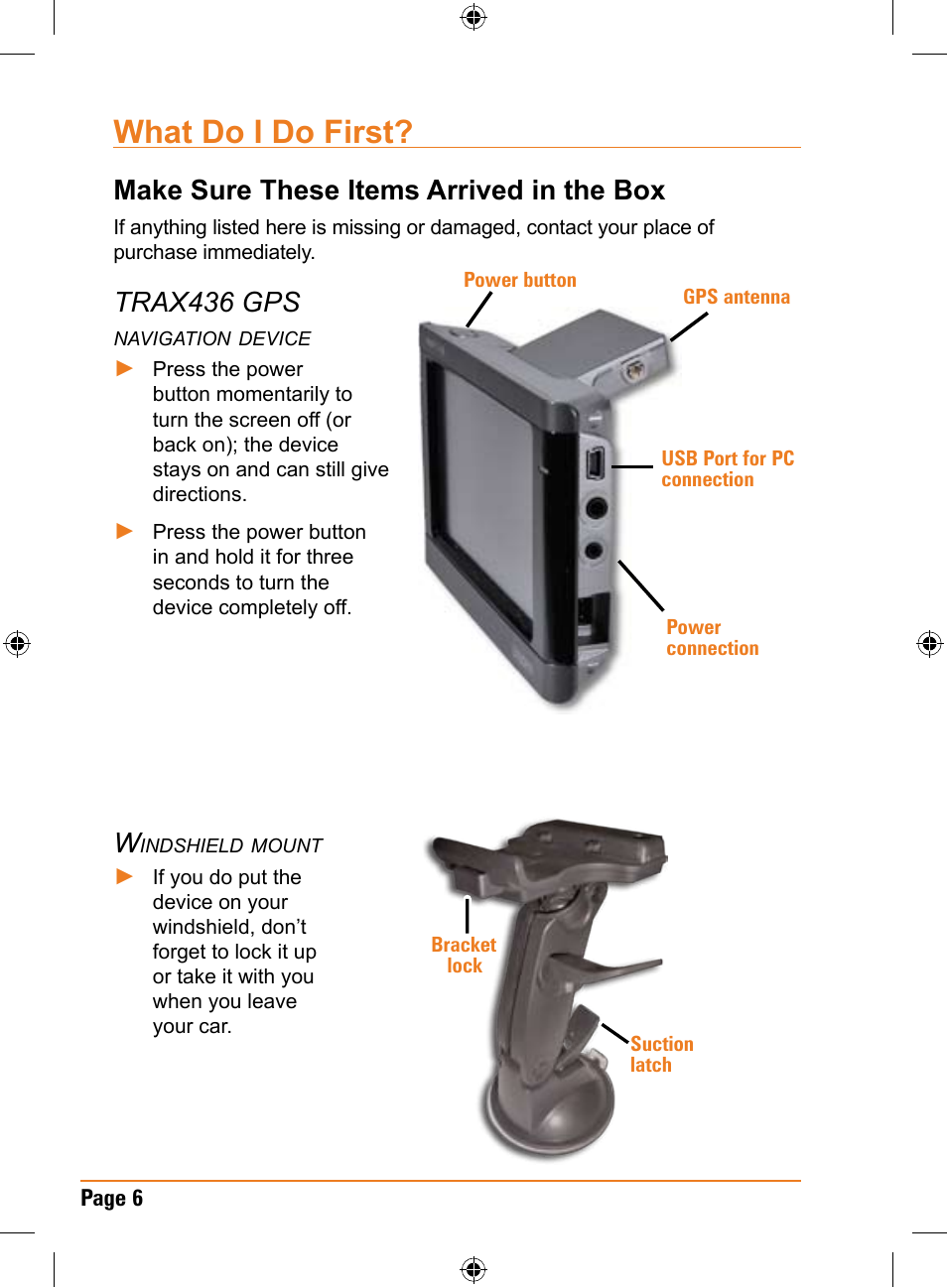 What do i do first, Make sure these items arrived in the box, Trax436 gps | Uniden TRAX436 User Manual | Page 6 / 132