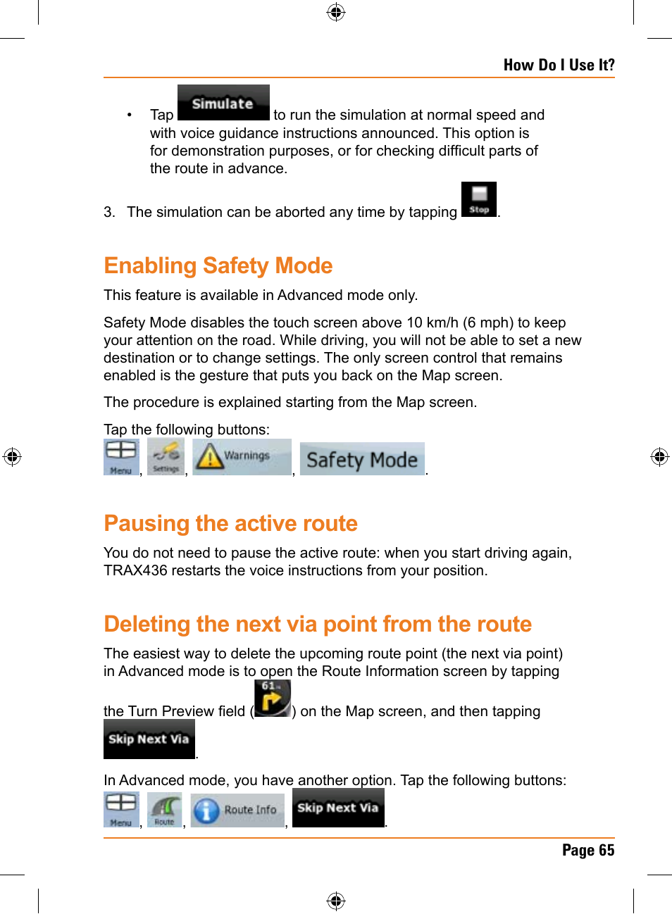 Enabling safety mode, Pausing the active route, Deleting the next via point from the route | Uniden TRAX436 User Manual | Page 65 / 132