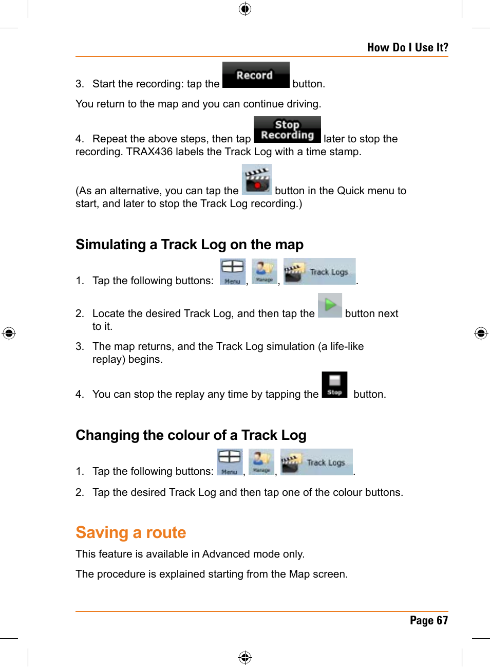 Saving a route, Simulating a track log on the map, Changing the colour of a track log | Uniden TRAX436 User Manual | Page 67 / 132