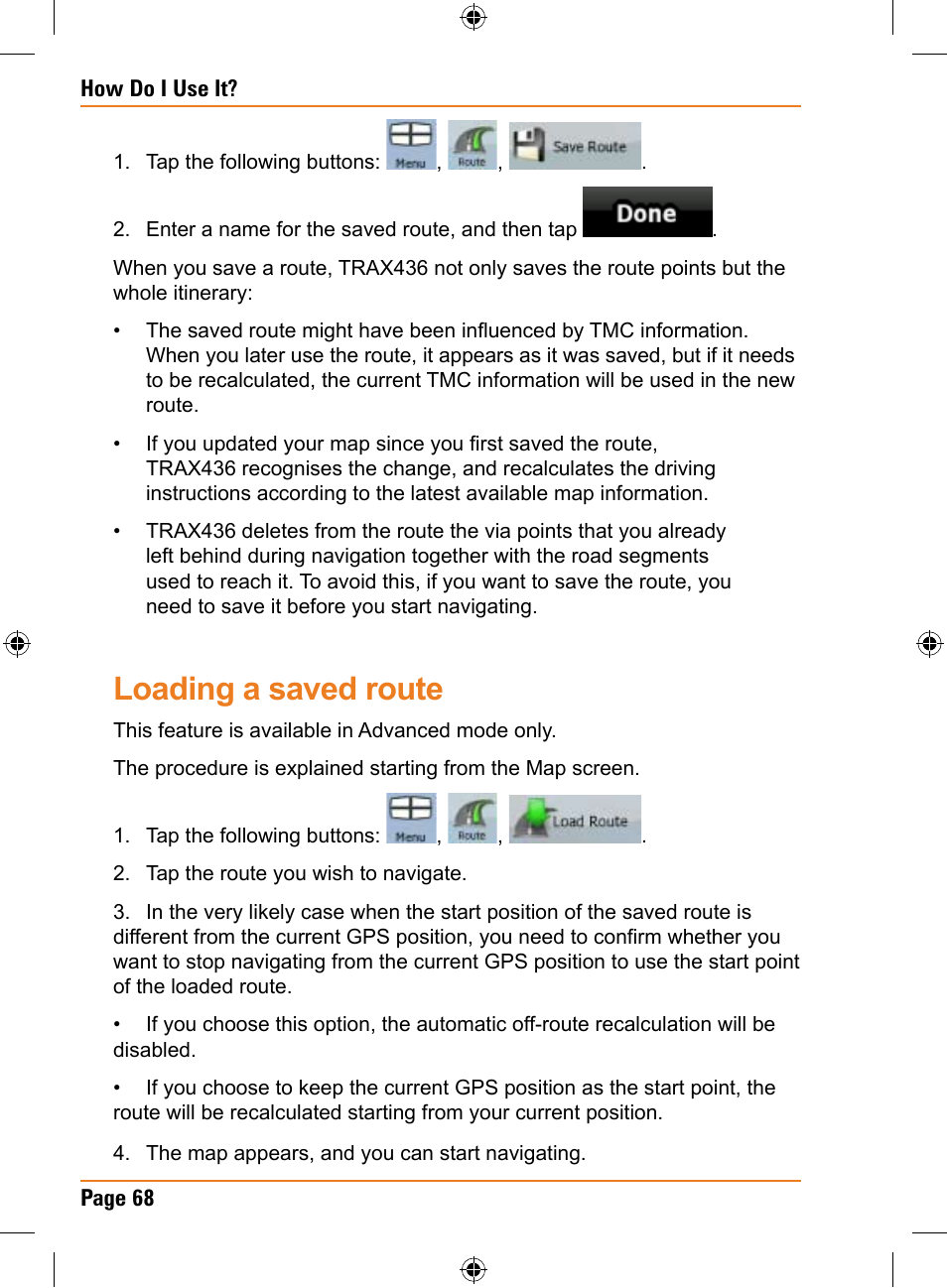 Loading a saved route | Uniden TRAX436 User Manual | Page 68 / 132