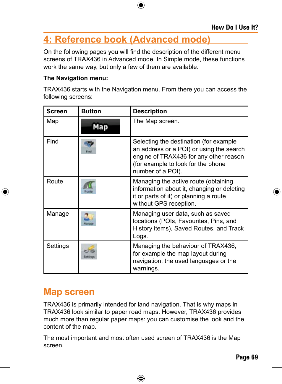 Reference book (advanced mode), Map screen | Uniden TRAX436 User Manual | Page 69 / 132