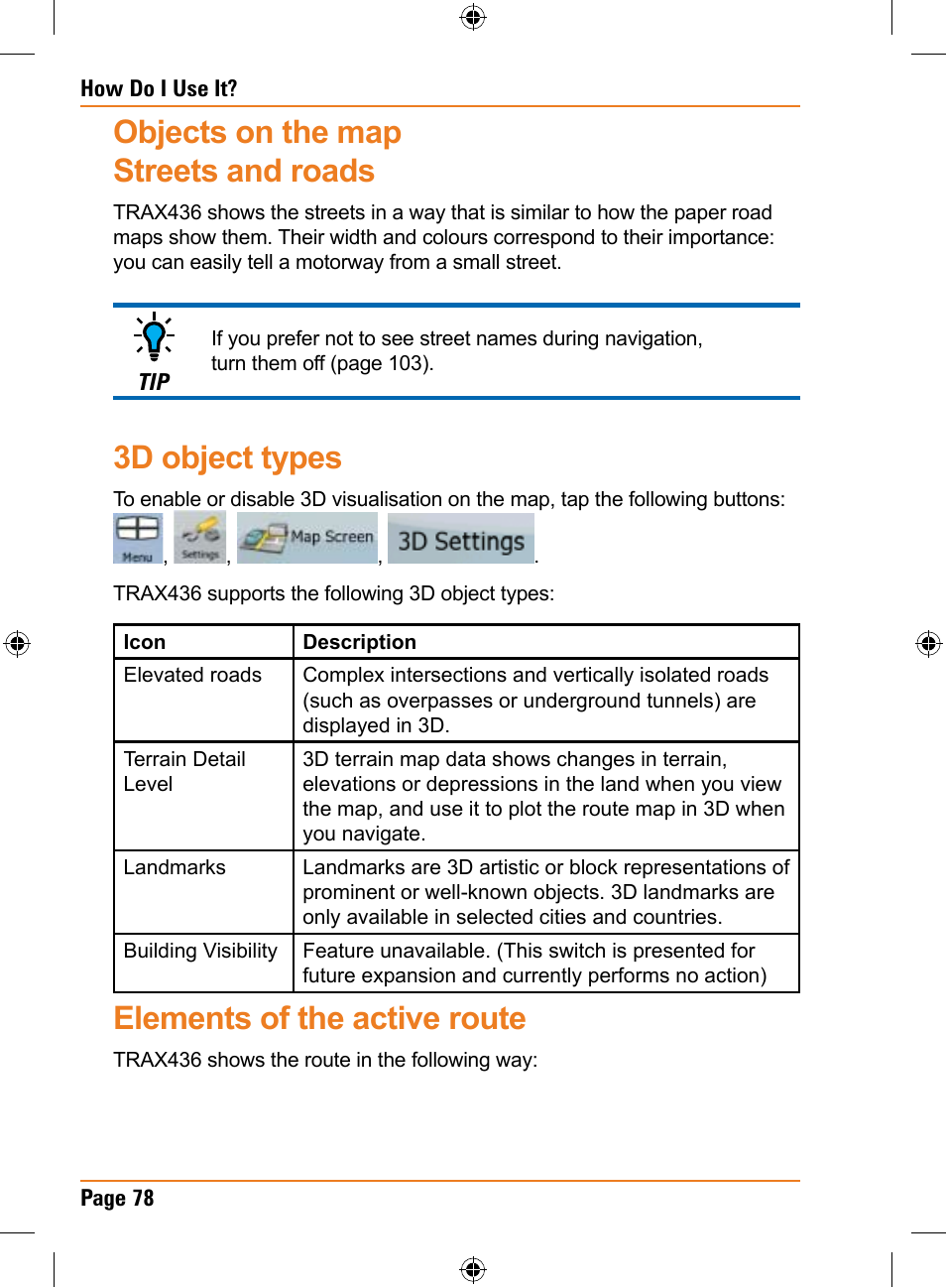 Objects on the map streets and roads, 3d object types, Elements of the active route | Uniden TRAX436 User Manual | Page 78 / 132