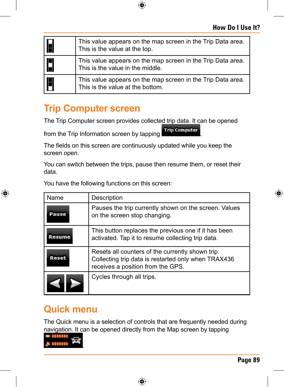 Trip computer screen, Quick menu | Uniden TRAX436 User Manual | Page 89 / 132