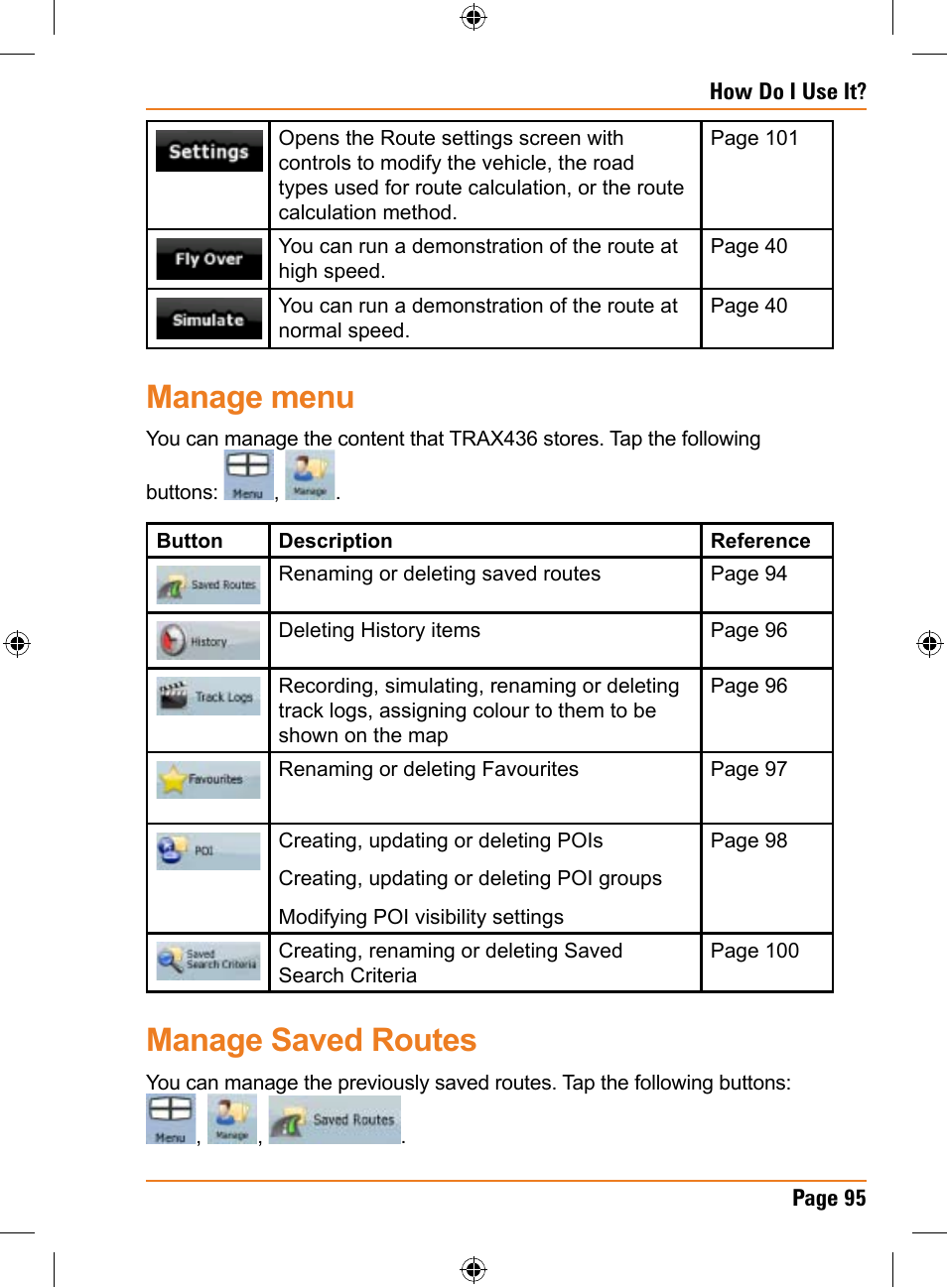 Manage menu, Manage saved routes | Uniden TRAX436 User Manual | Page 95 / 132