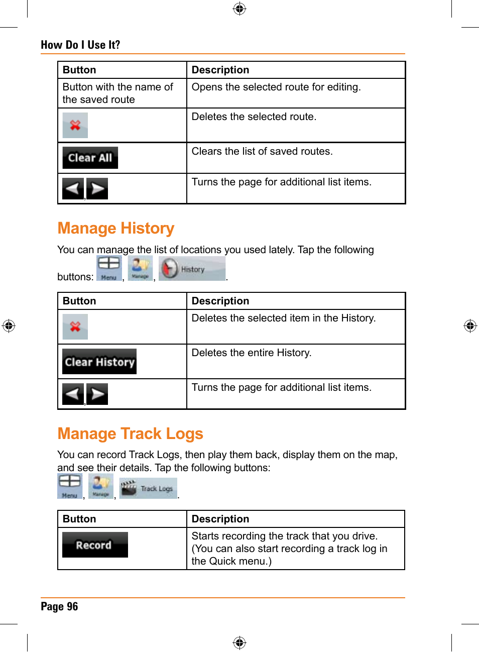 Manage history, Manage track logs | Uniden TRAX436 User Manual | Page 96 / 132