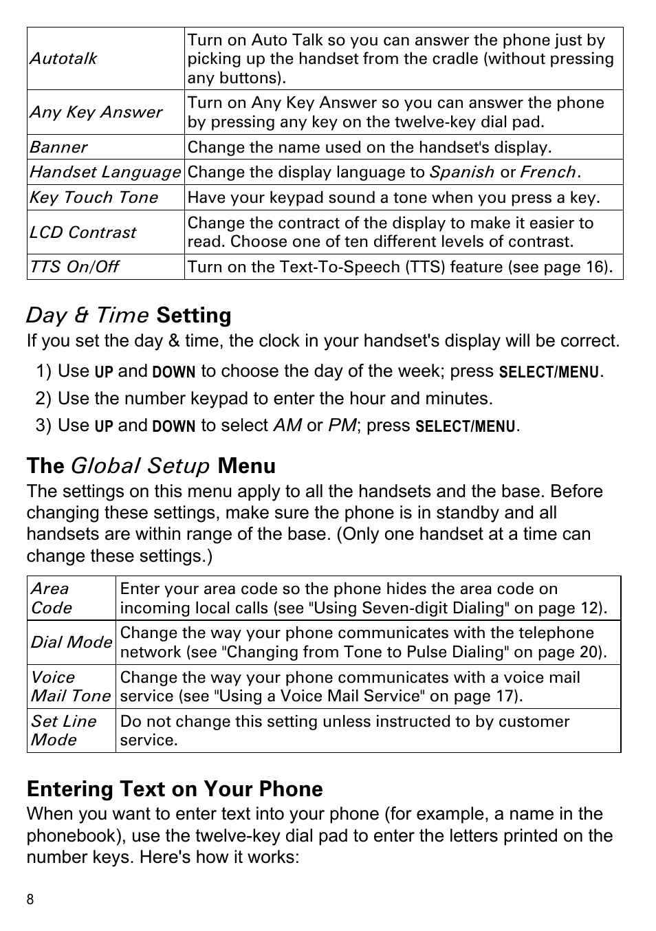 Day & time setting, The global setup menu, Entering text on your phone | Uniden PS-0035 User Manual | Page 10 / 28