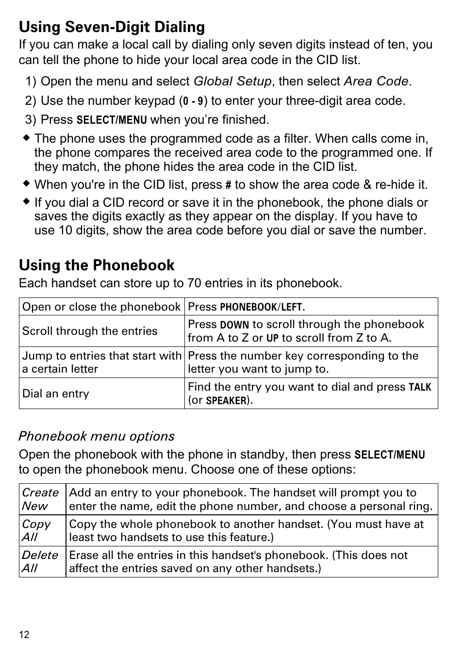 Using seven-digit dialing, Using the phonebook | Uniden PS-0035 User Manual | Page 14 / 28