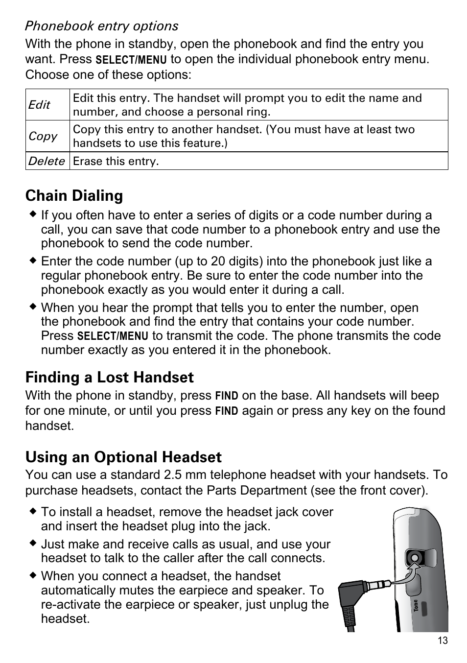 Chain dialing, Finding a lost handset, Using an optional headset | Uniden PS-0035 User Manual | Page 15 / 28