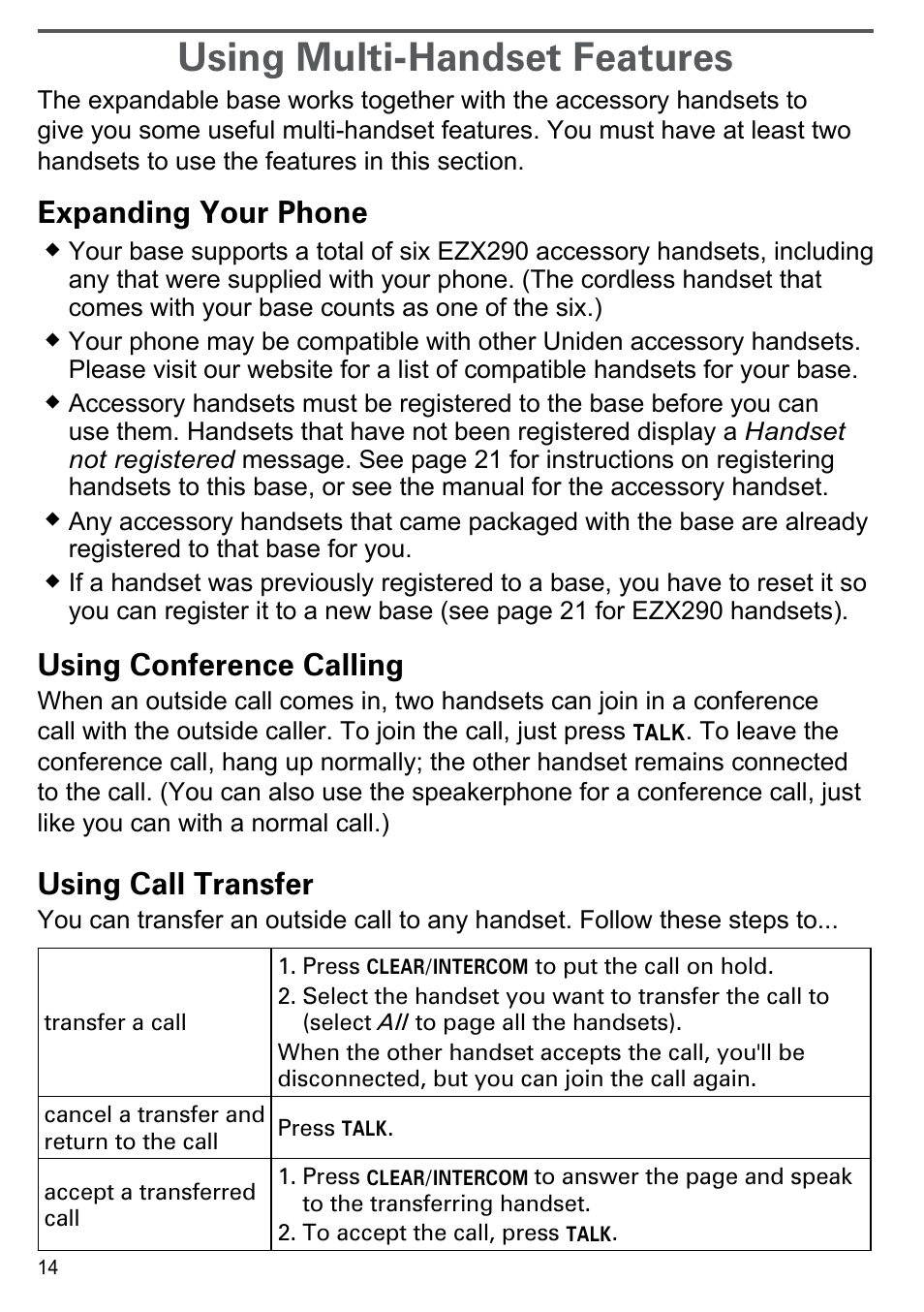 Using multi-handset features, Expanding your phone, Using conference calling | Using call transfer | Uniden PS-0035 User Manual | Page 16 / 28
