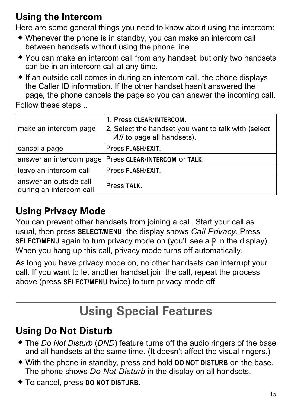 Using the intercom, Using privacy mode, Using special features | Using do not disturb | Uniden PS-0035 User Manual | Page 17 / 28