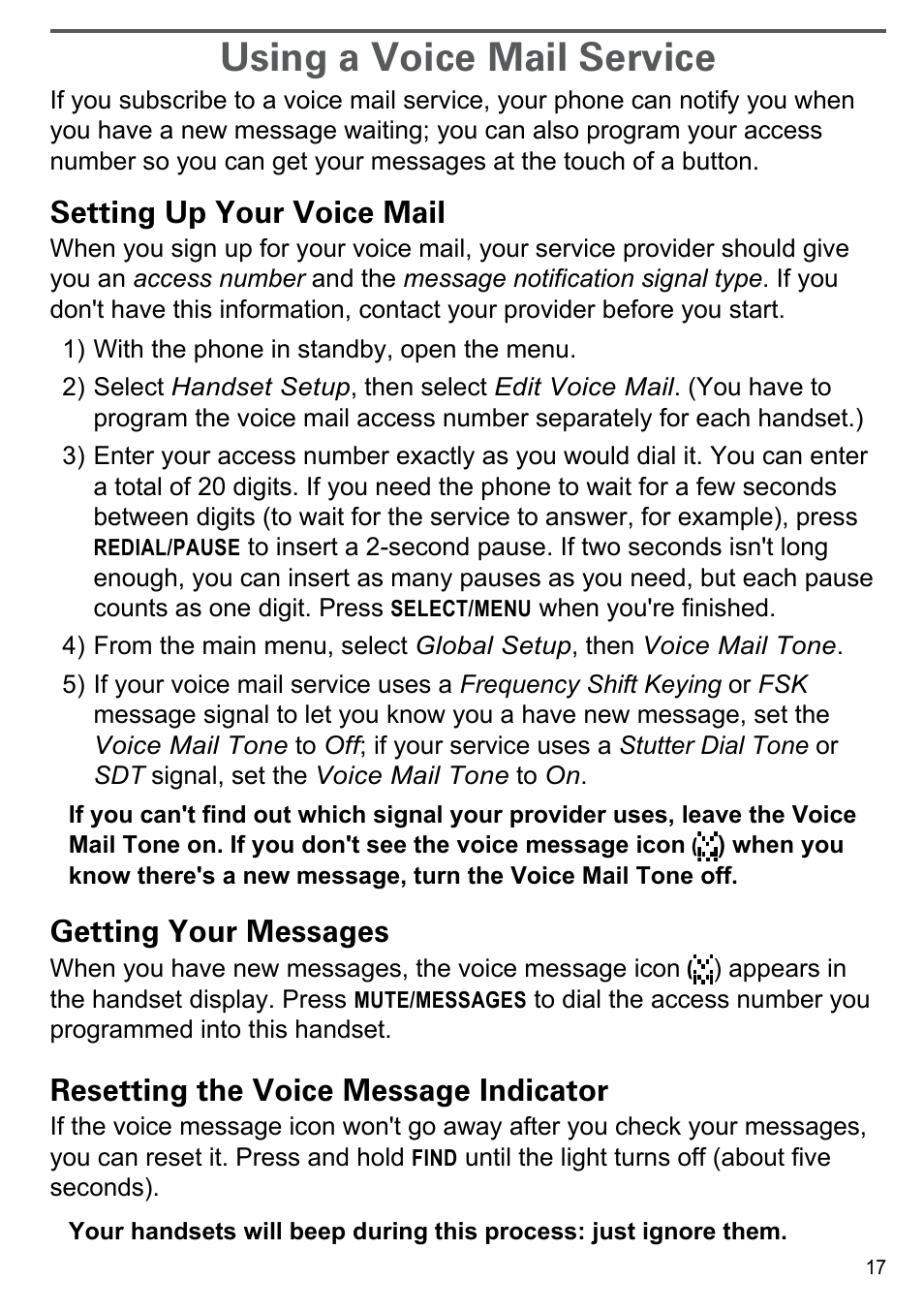 Using a voice mail service, Setting up your voice mail, Getting your messages | Resetting the voice message indicator, Resetting the voice message indicator 17 | Uniden PS-0035 User Manual | Page 19 / 28