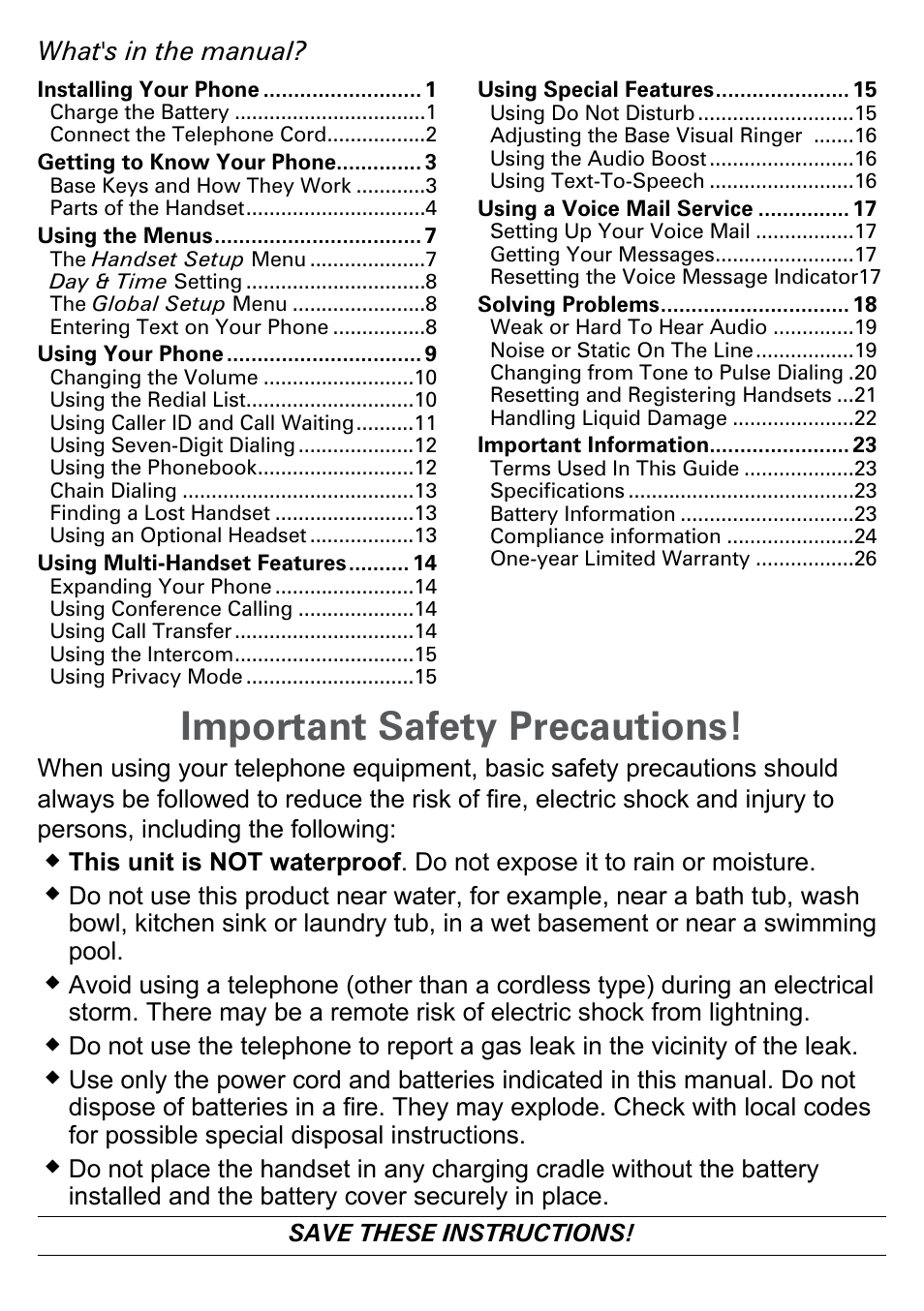 Important safety precautions, What's in the manual | Uniden PS-0035 User Manual | Page 2 / 28