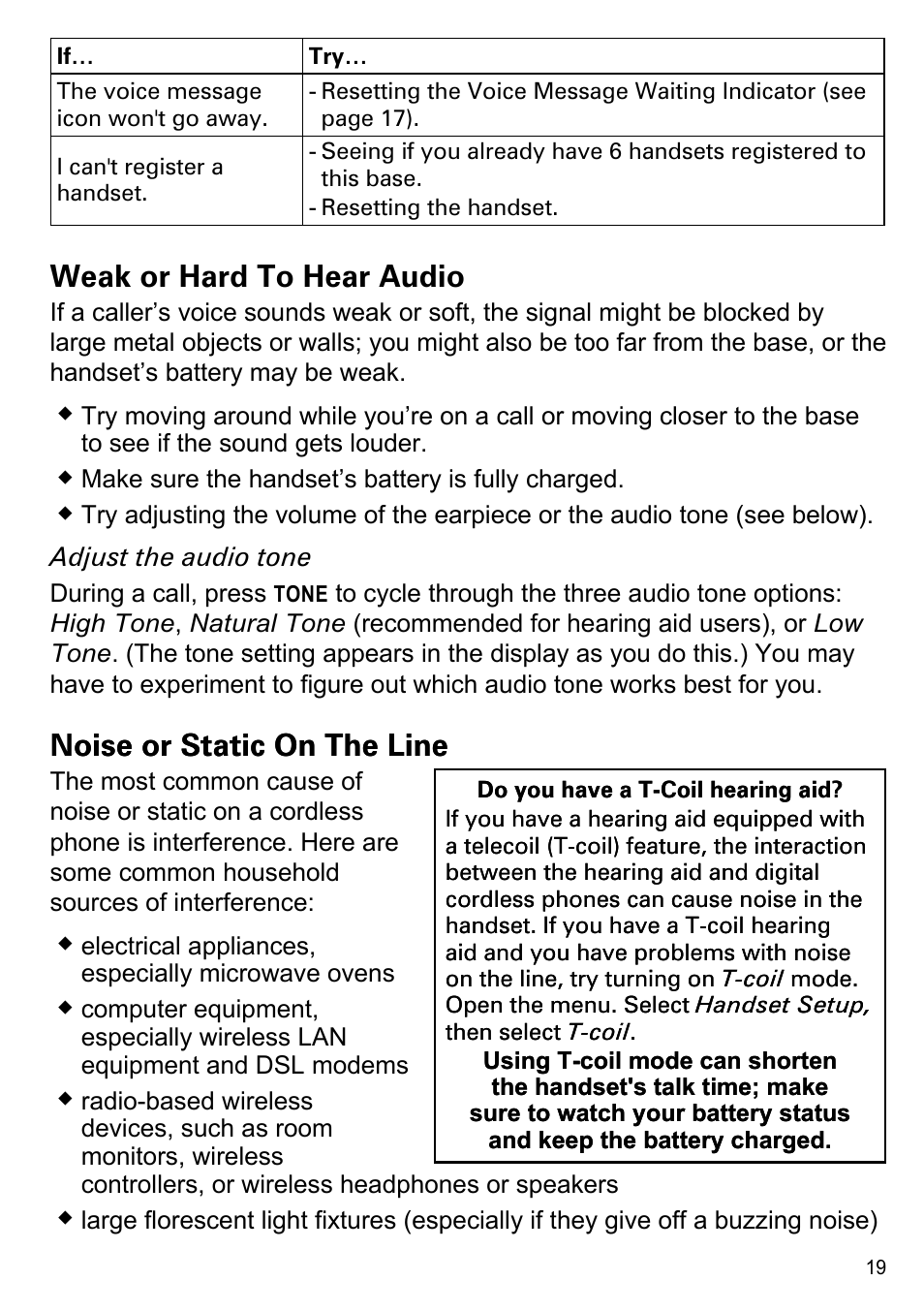 Weak or hard to hear audio, Noise or static on the line | Uniden PS-0035 User Manual | Page 21 / 28