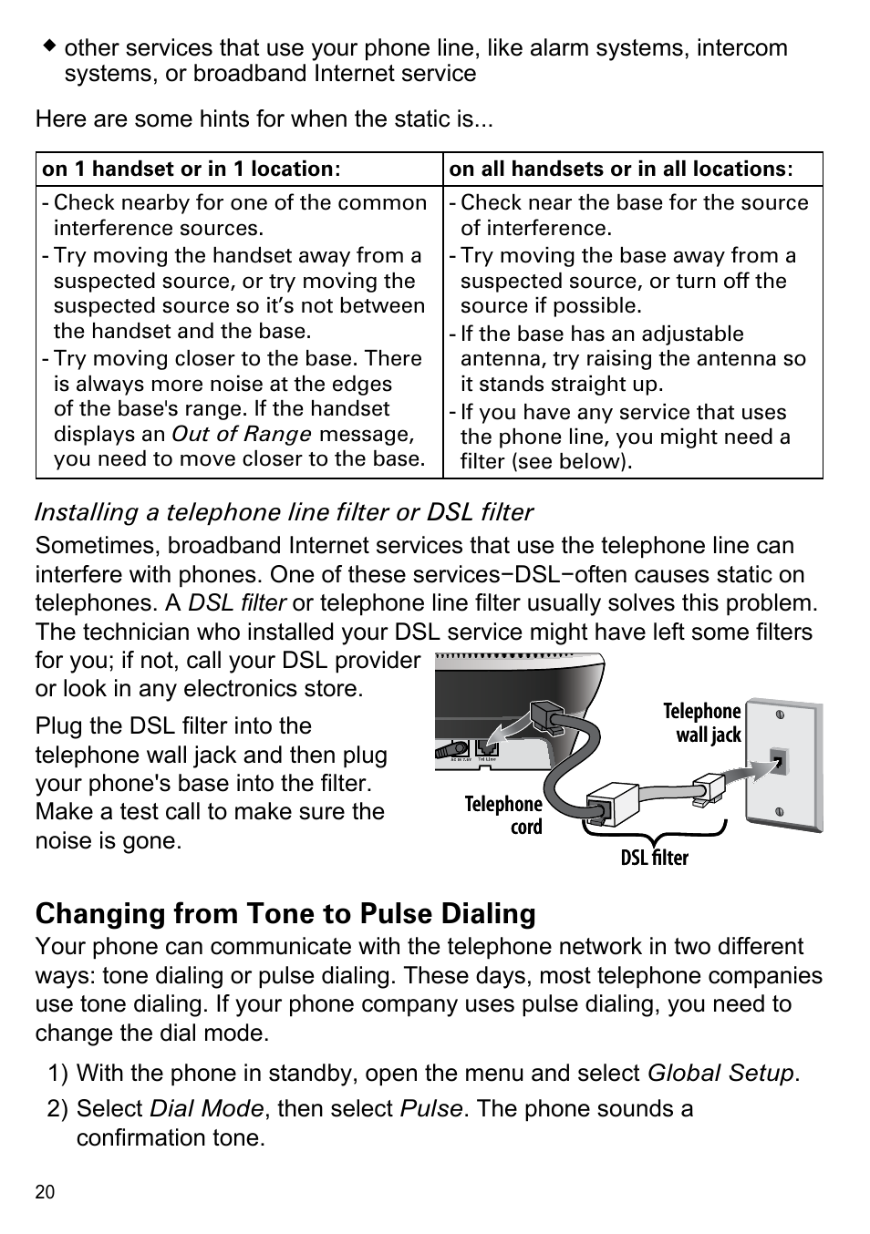Changing from tone to pulse dialing, Changing from tone to pulse dialing .20 | Uniden PS-0035 User Manual | Page 22 / 28