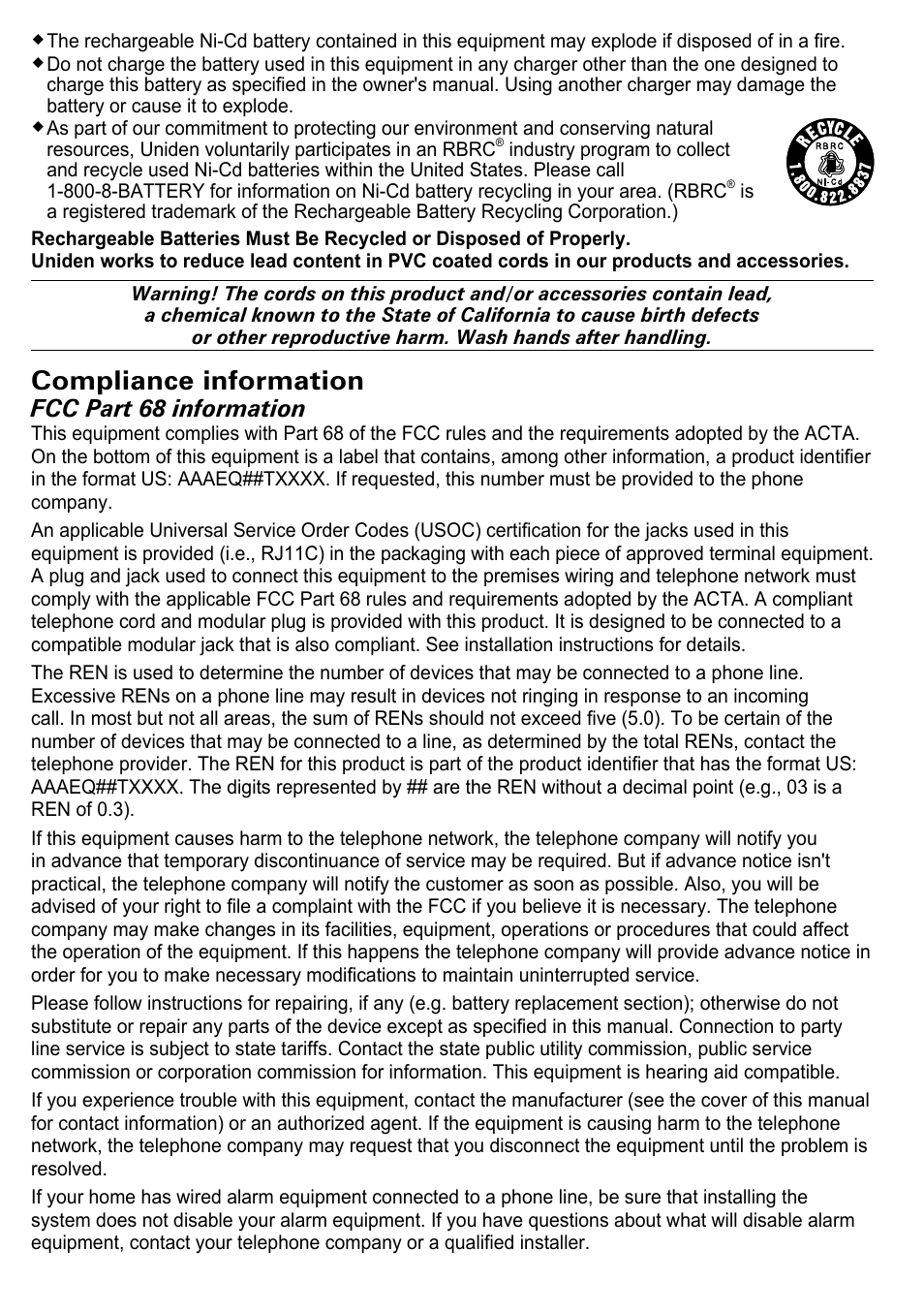 Compliance information, Fcc part 68 information | Uniden PS-0035 User Manual | Page 26 / 28