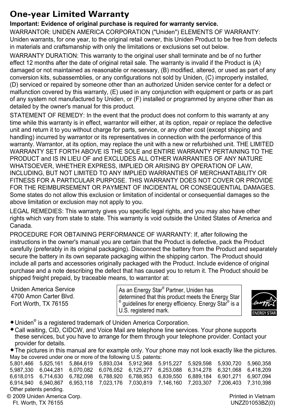 One-year limited warranty | Uniden PS-0035 User Manual | Page 28 / 28